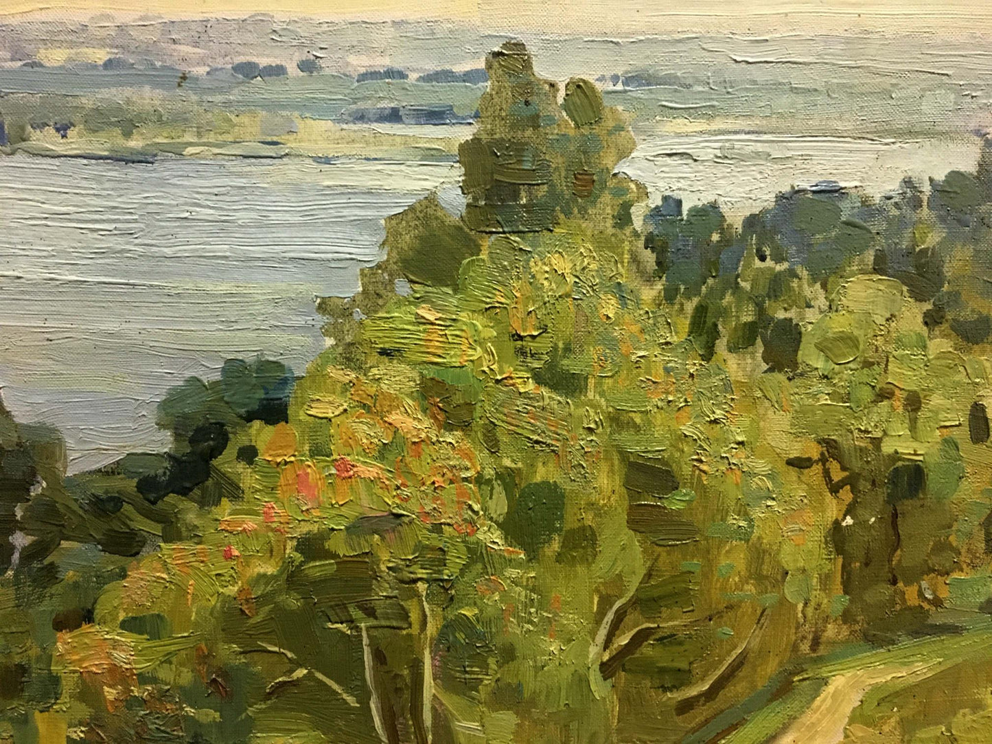 Oil painting River landscape by Pianida Boris Nikitich, lush green hillside