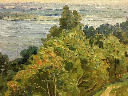 Oil painting River landscape by Pianida Boris Nikitich, lush green hillside