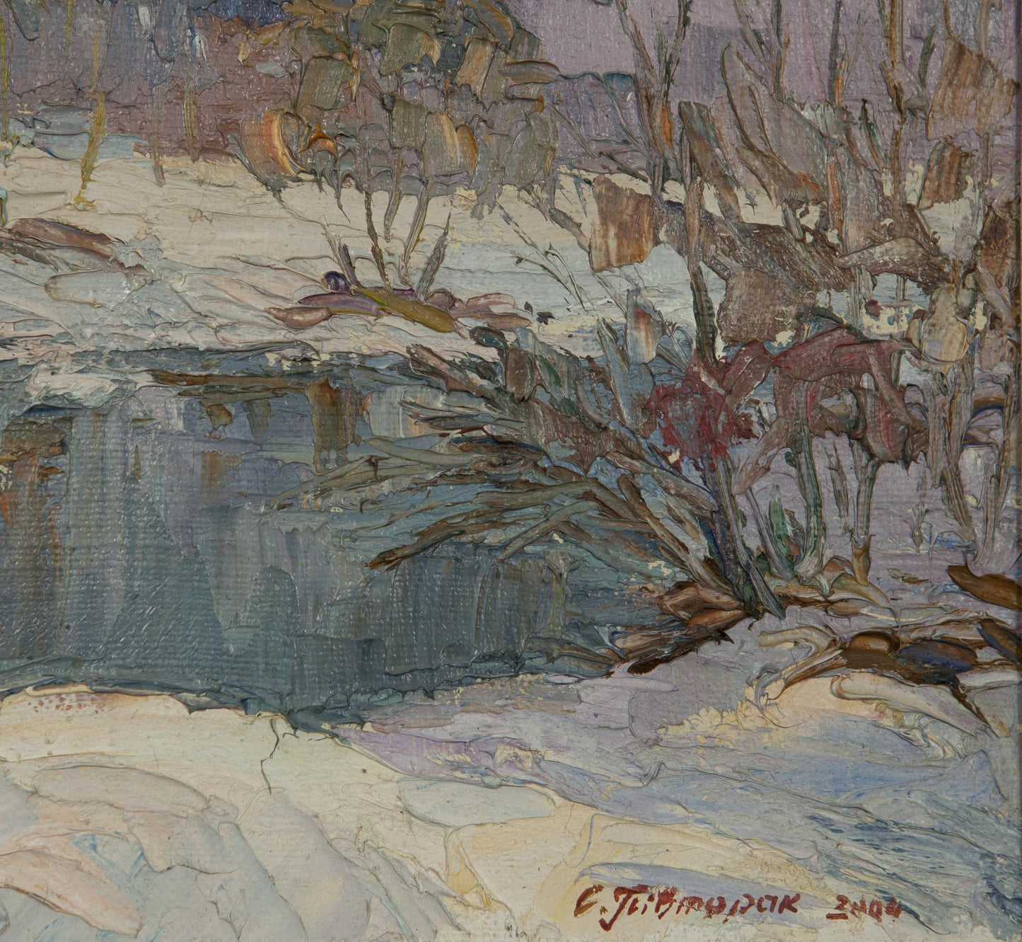 Oil painting Early spring with snow by Sergey Pivtorak snowy landscape