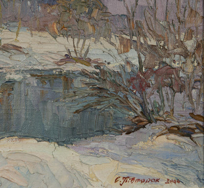 Oil painting Early spring with snow by Sergey Pivtorak snowy landscape