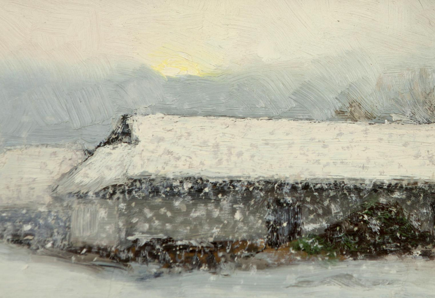 Winter Morning on Sunday oil painting of snow-covered stone house with thatched roof
