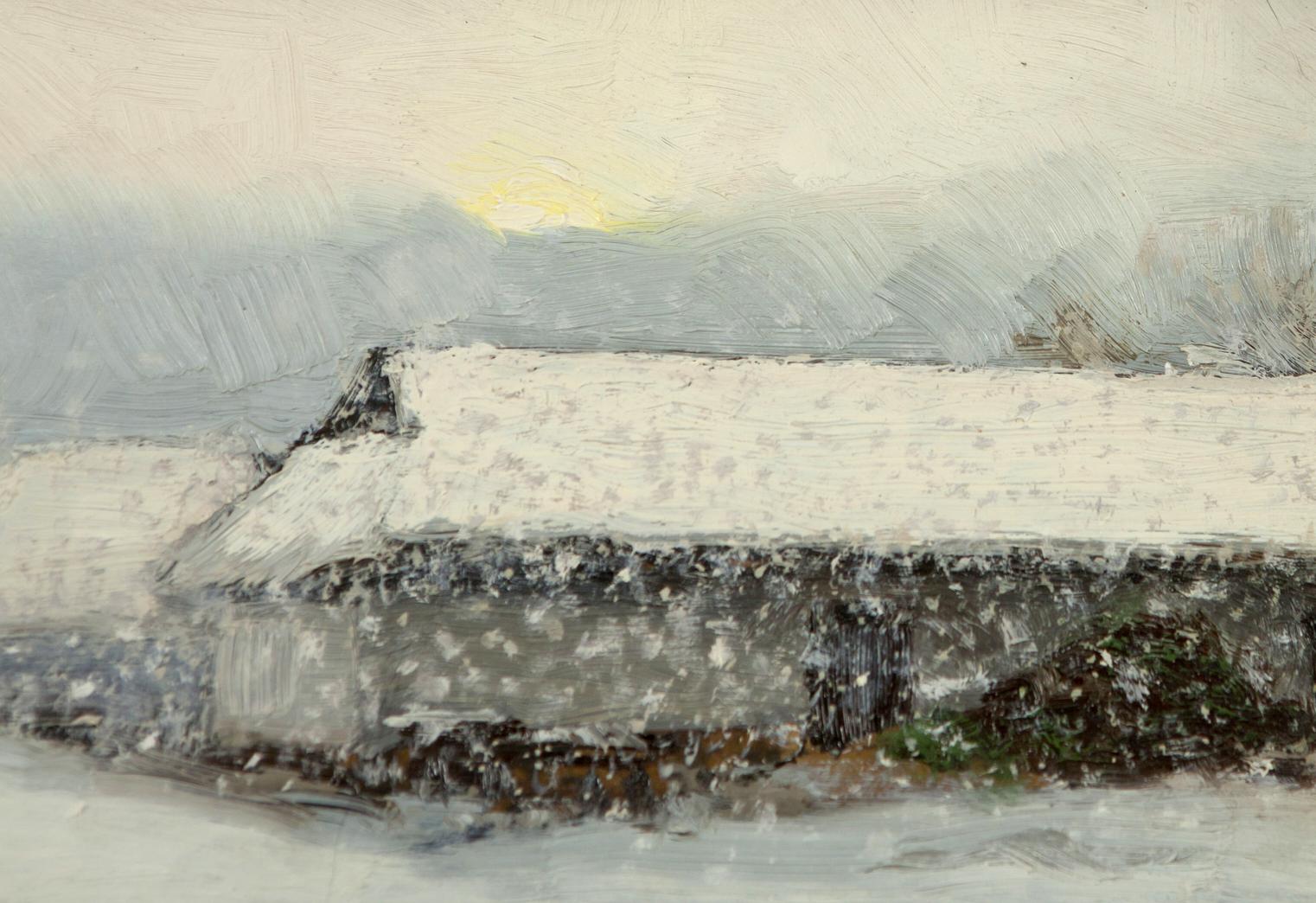Winter Morning on Sunday oil painting of snow-covered stone house with thatched roof
