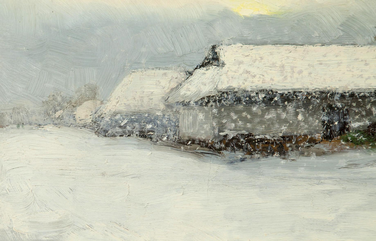 Snow-covered rustic stone house with sloped roof in Winter Morning on Sunday oil painting