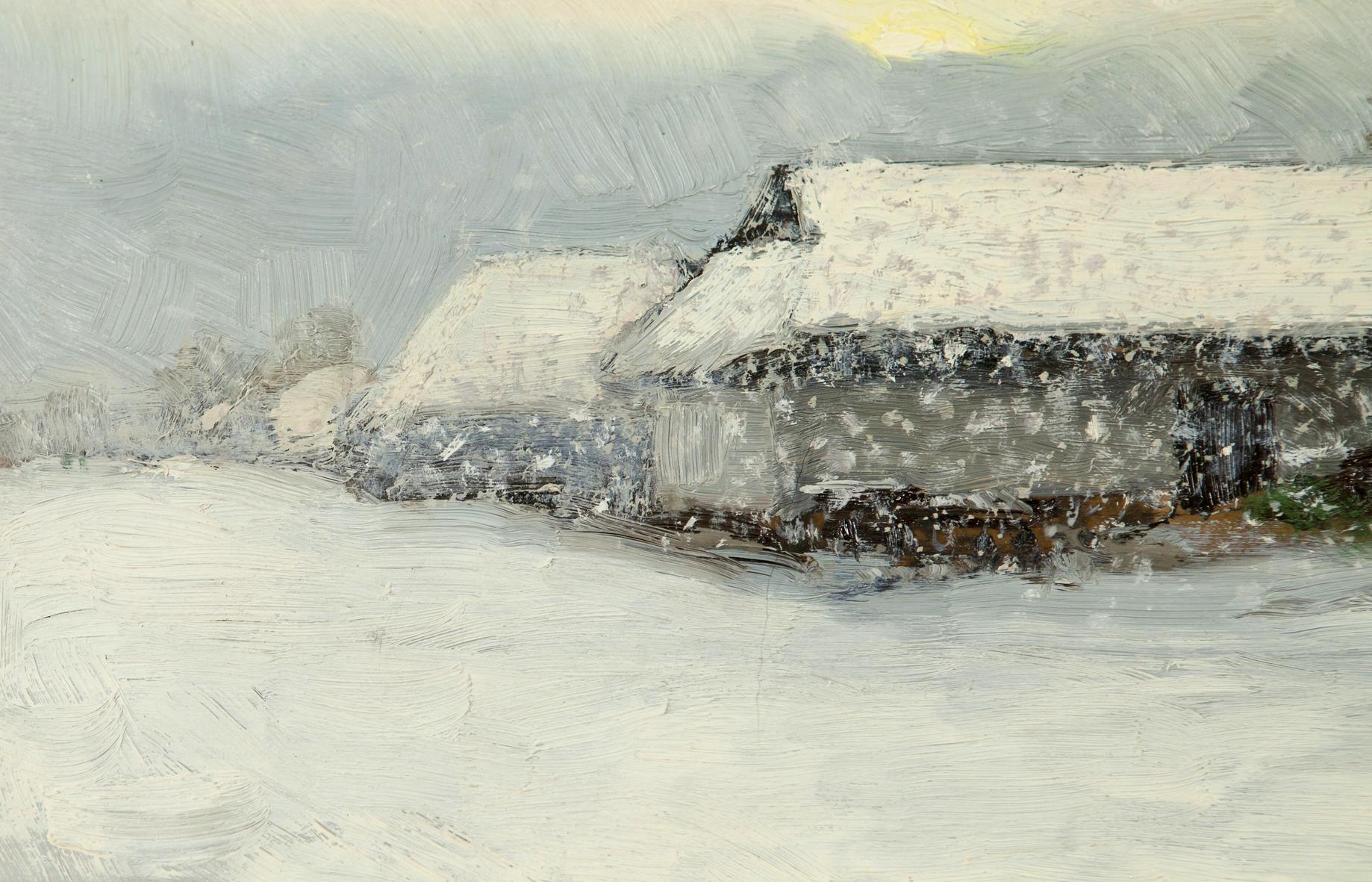 Snow-covered rustic stone house with sloped roof in Winter Morning on Sunday oil painting