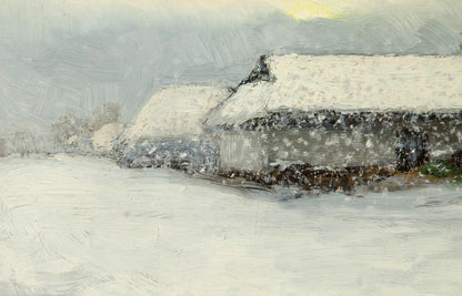 Snow-covered rustic stone house with sloped roof in Winter Morning on Sunday oil painting