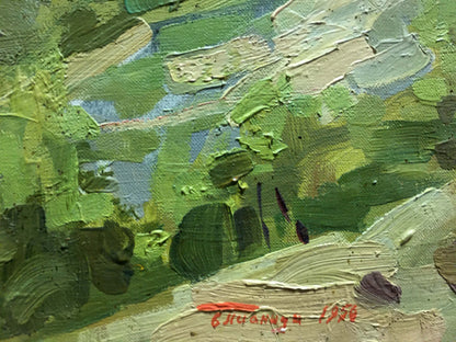 Oil painting River landscape Pianida by Boris Nikitich, impasto greens and blues