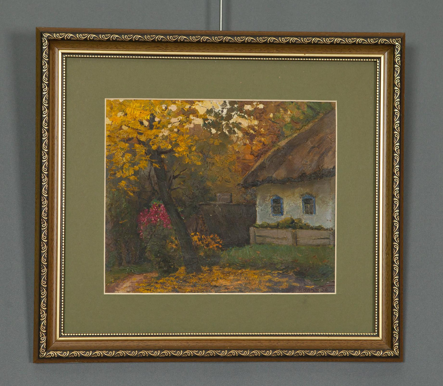 Oil painting Autumn and comfort in ornate gold-toned frame with green matting
