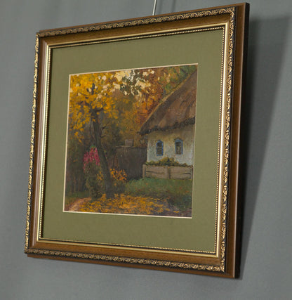 Framed autumn landscape oil painting in gold frame with olive green mat