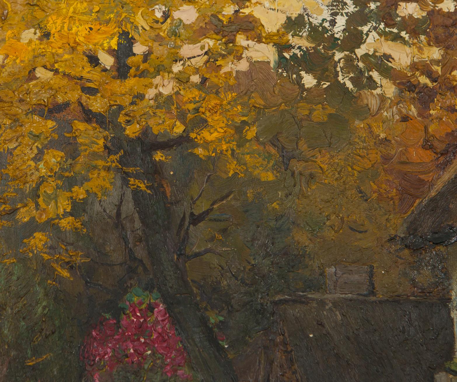 Oil painting Autumn and comfort: textured tree with yellow orange leaves pink flowers