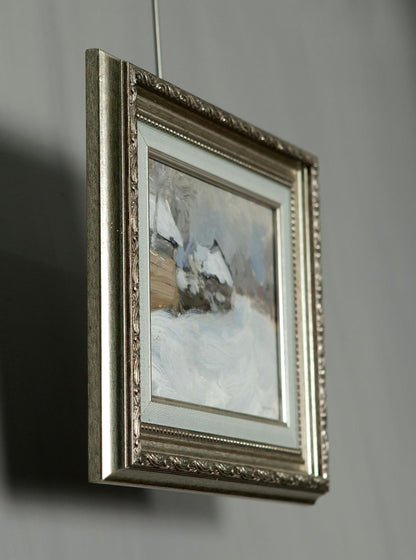 Silver ornate frame with Pogrebakh snowy streets oil painting by Ivan Tsyupka