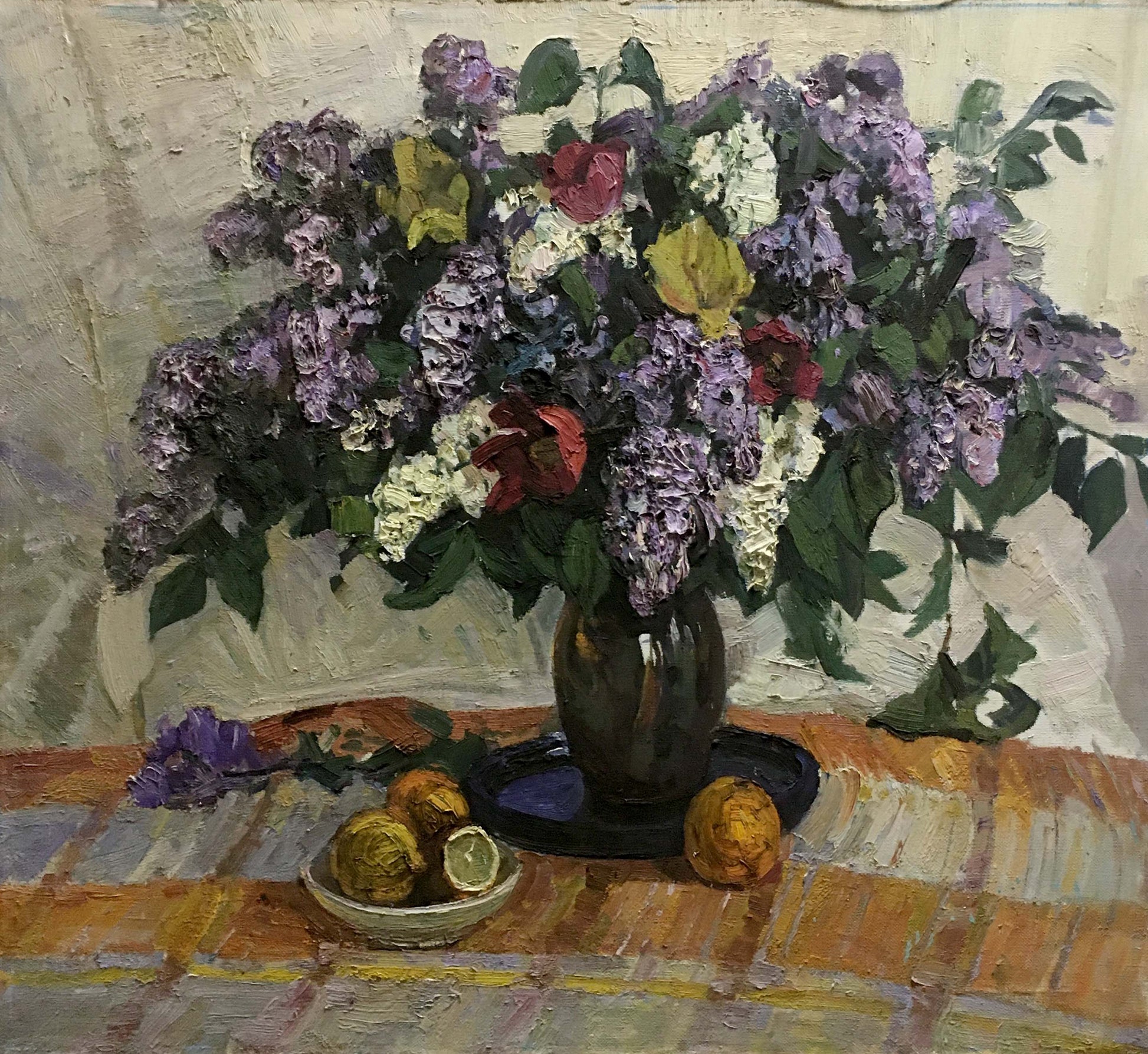 Oil painting of lemon near lush lilac bouquet by Alexander Kerzhner