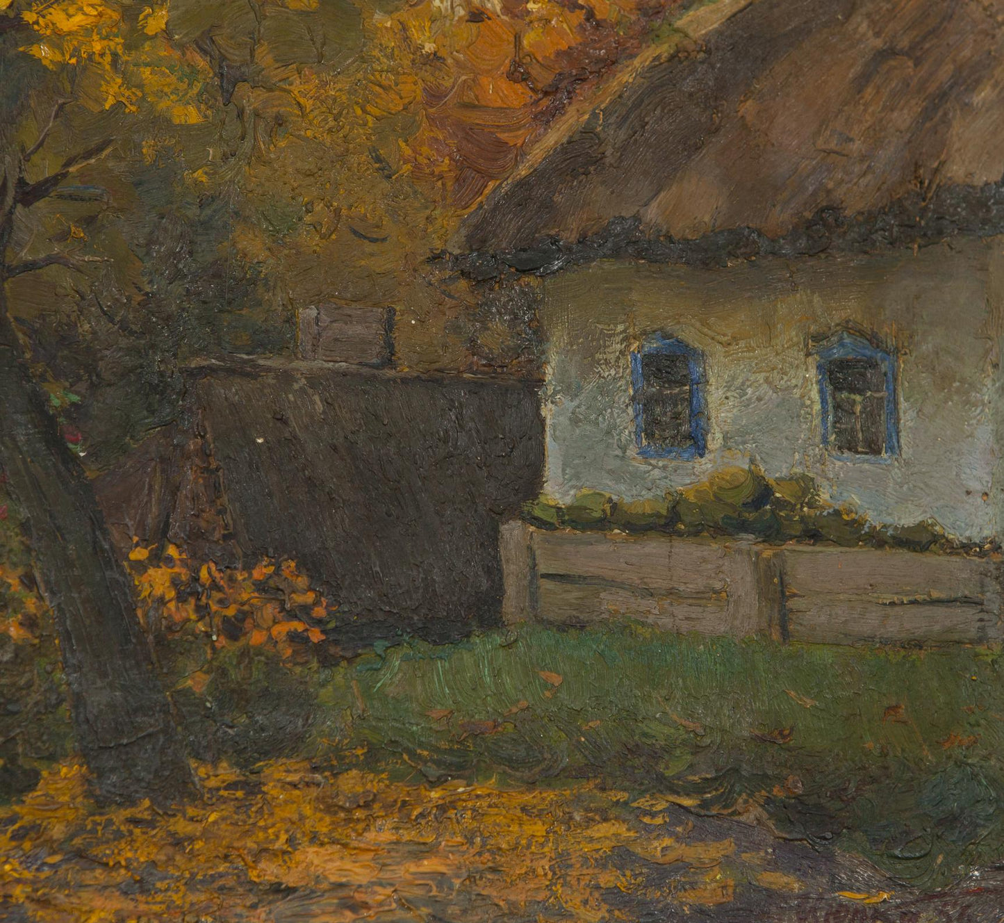 Oil painting of rustic white cottage with blue windows, thatched roof in autumn leaves