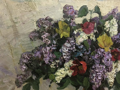 Oil painting Lemon near the lilac by Alexander Kerzhner with lilacs, roses