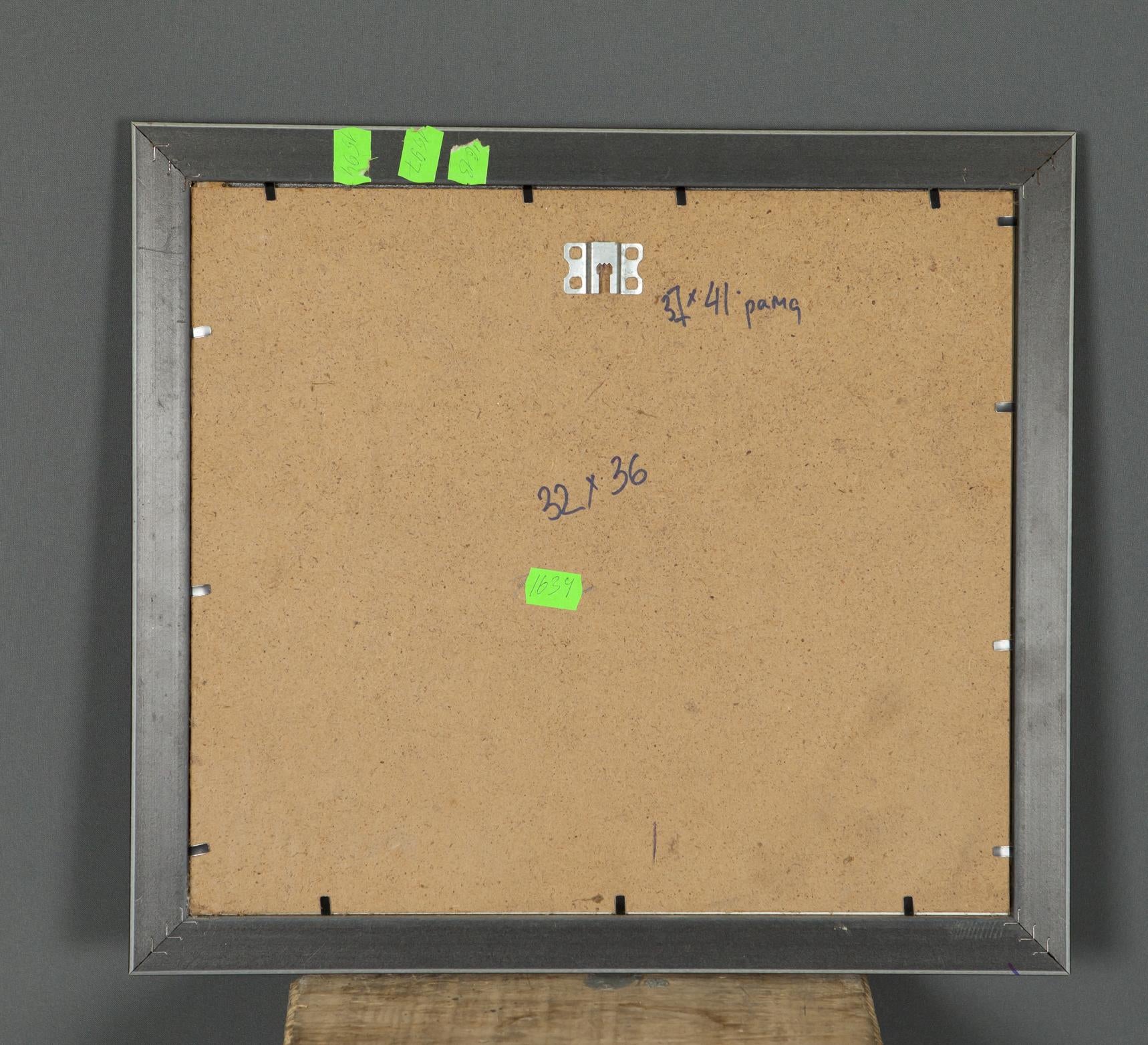 Back of Oil painting Autumn and Comfort frame with corkboard and handwritten measurements