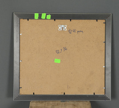 Back of Oil painting Autumn and Comfort frame with corkboard and handwritten measurements
