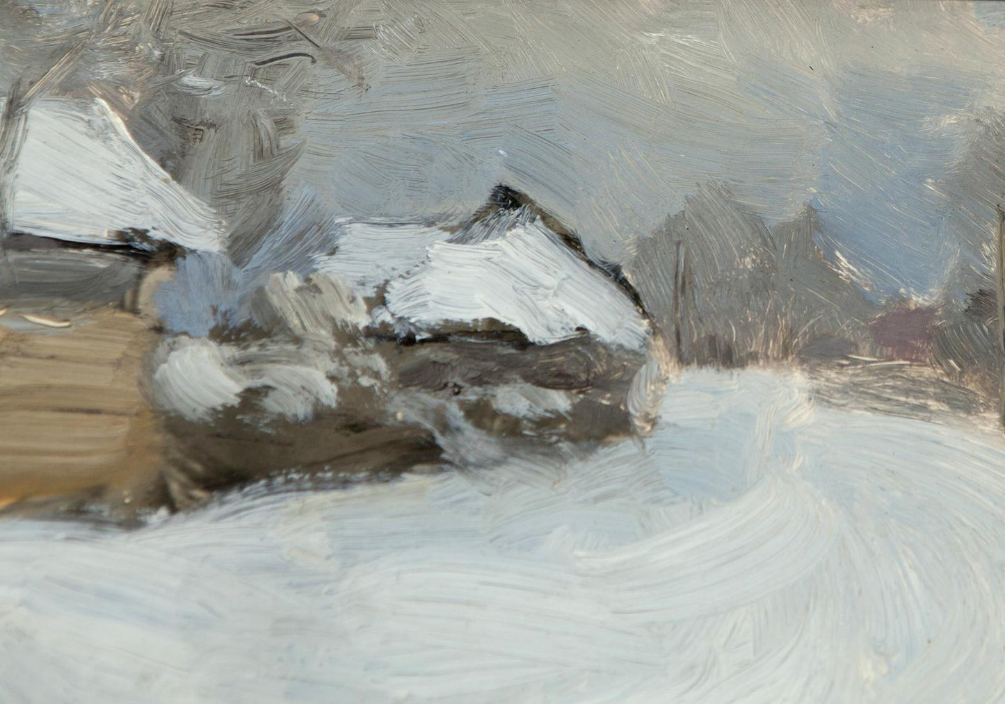 Textured impressionistic oil painting of snowy streets in Pogrebakh by Ivan Tsyupka