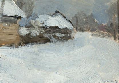Oil painting of snowy Pogrebakh streets by Ivan Tsyupka rustic house