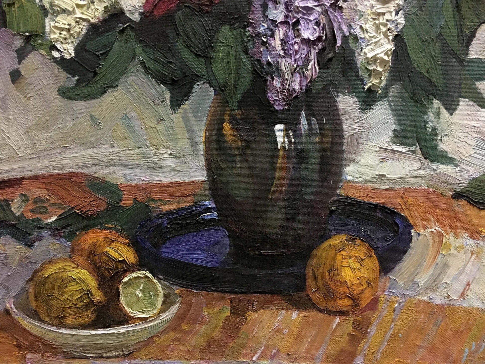 Dark green vase with purple white hydrangeas in Kerzhner oil painting