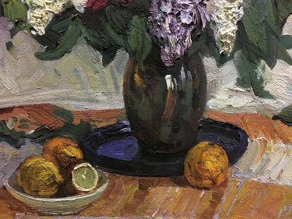 Dark green vase with purple white hydrangeas in Kerzhner oil painting