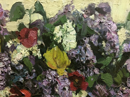 Textured oil painting of lemon near lilac by Alexander Kerzhner