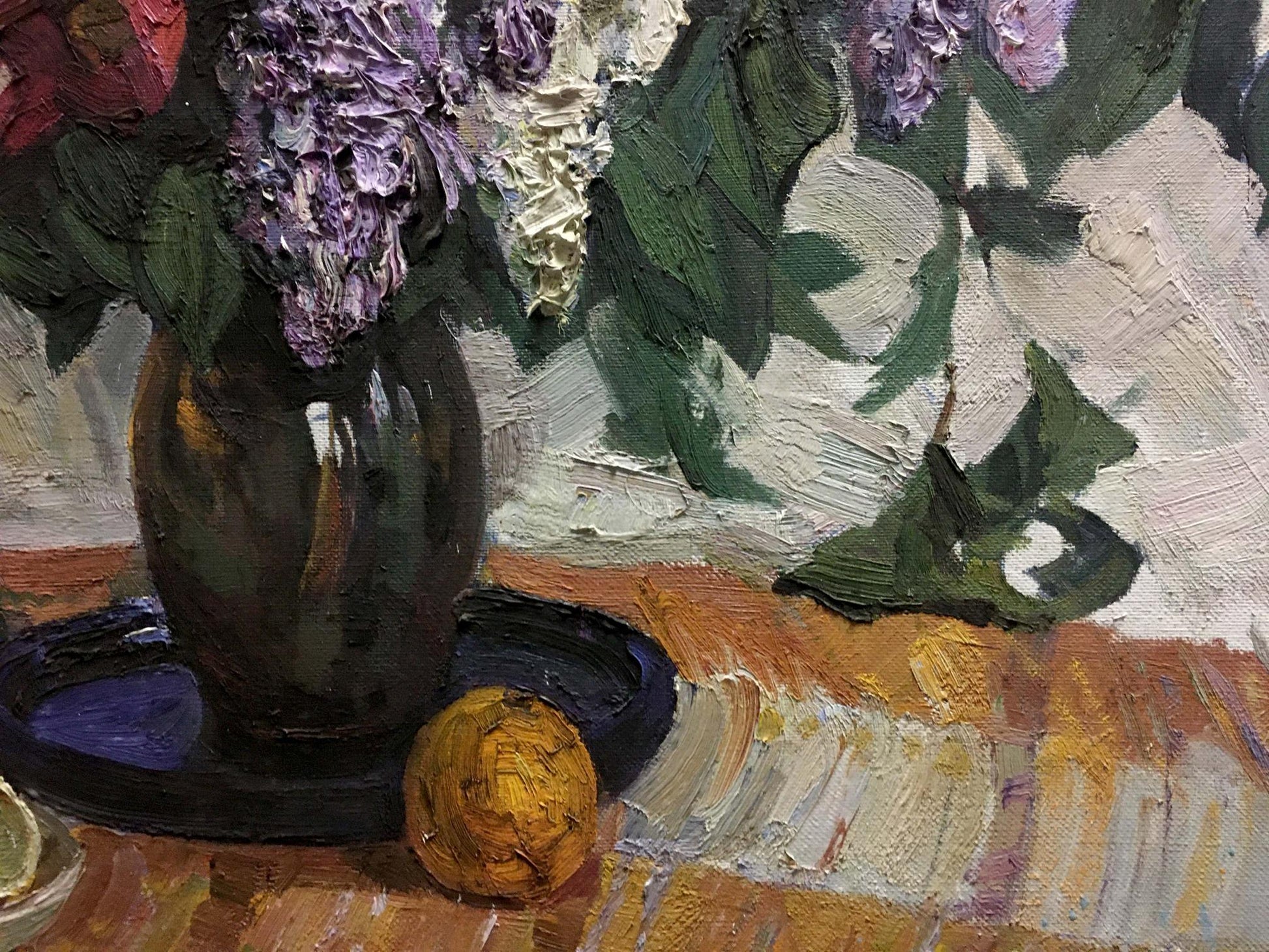 Oil painting of lemon near lilac by Alexander Kerzhner with lilacs