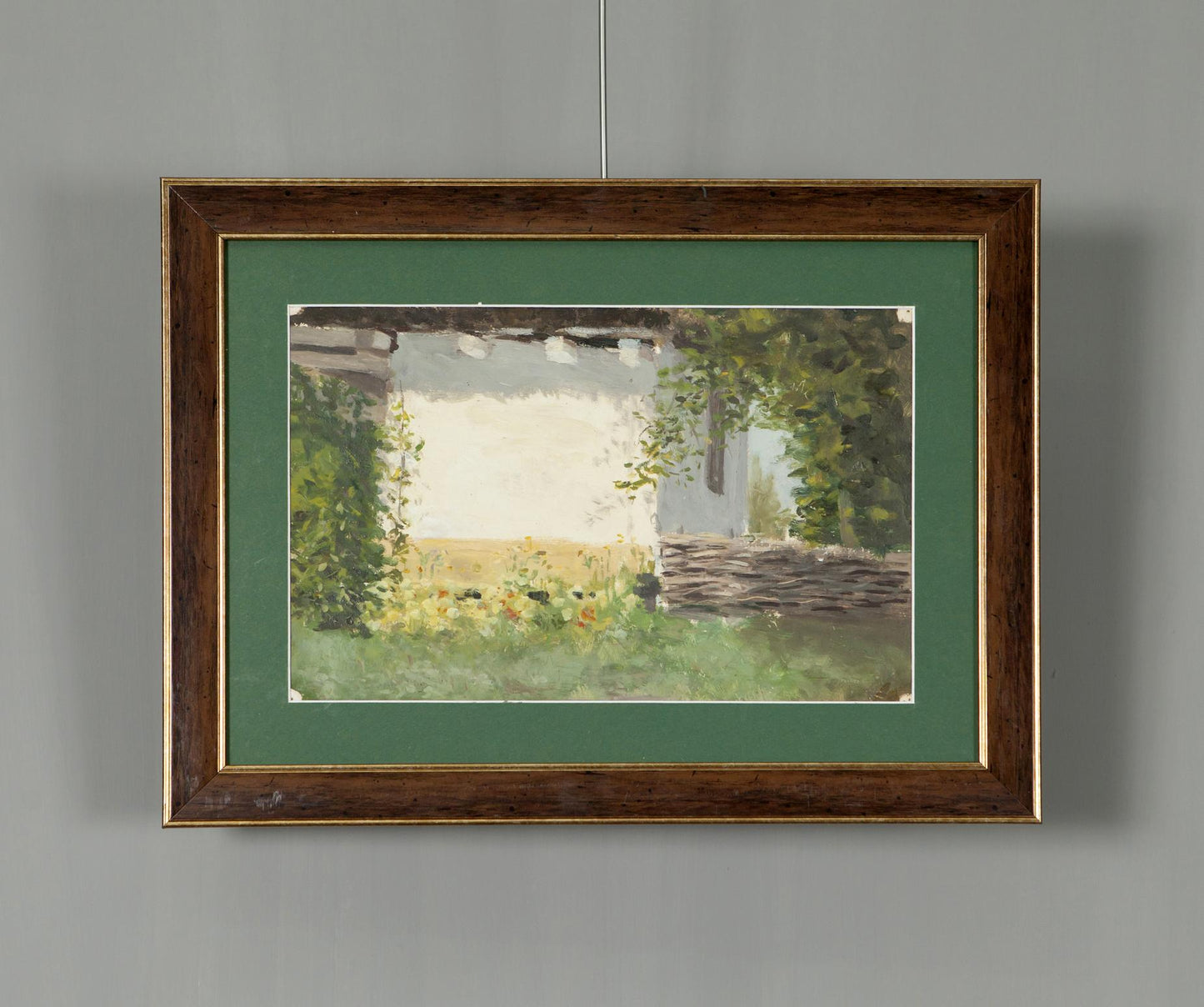 Original watercolor garden painting by Ukrainian artist Ivan Tsyupka in dark wood frame