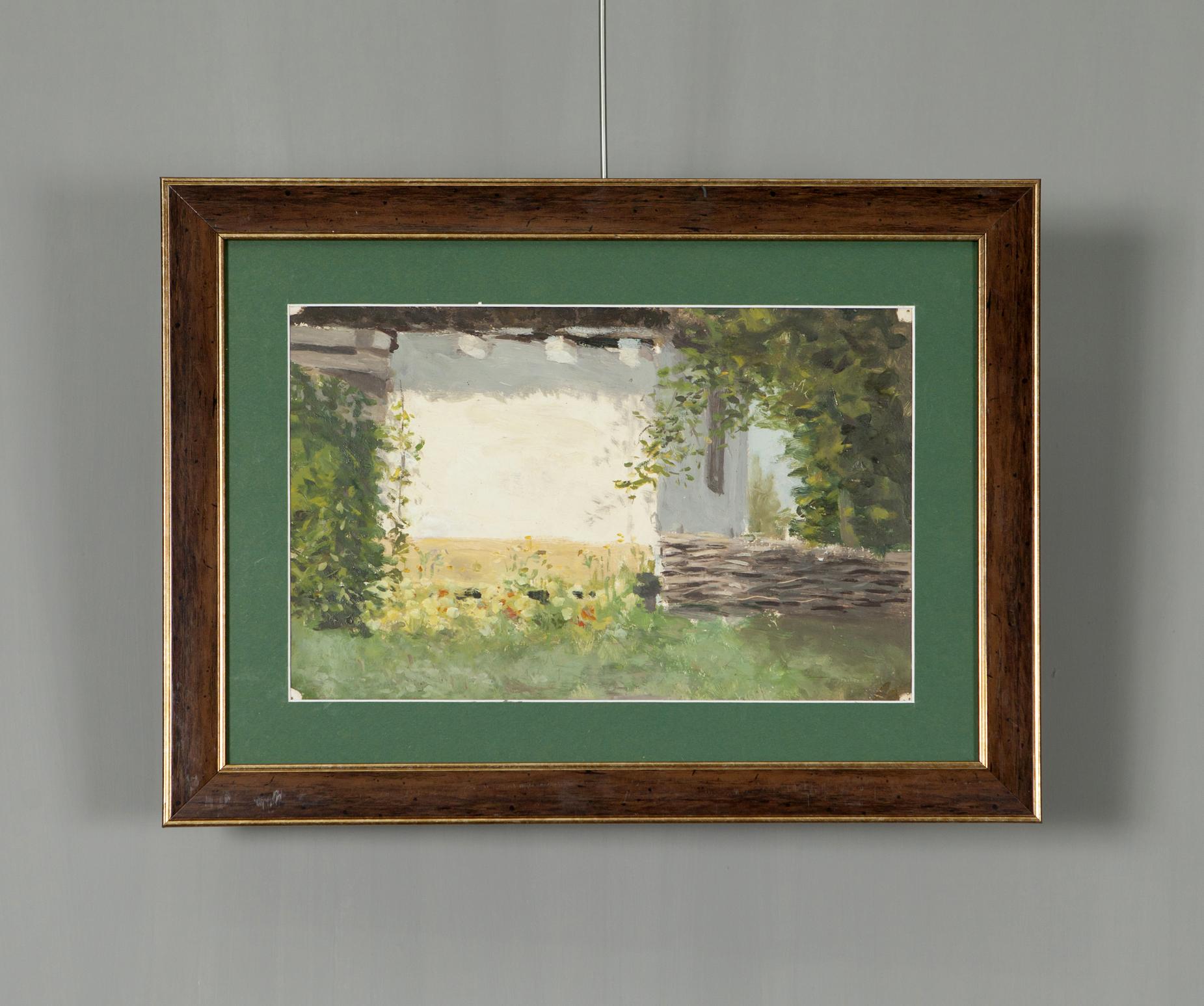 Original watercolor garden painting by Ukrainian artist Ivan Tsyupka in dark wood frame