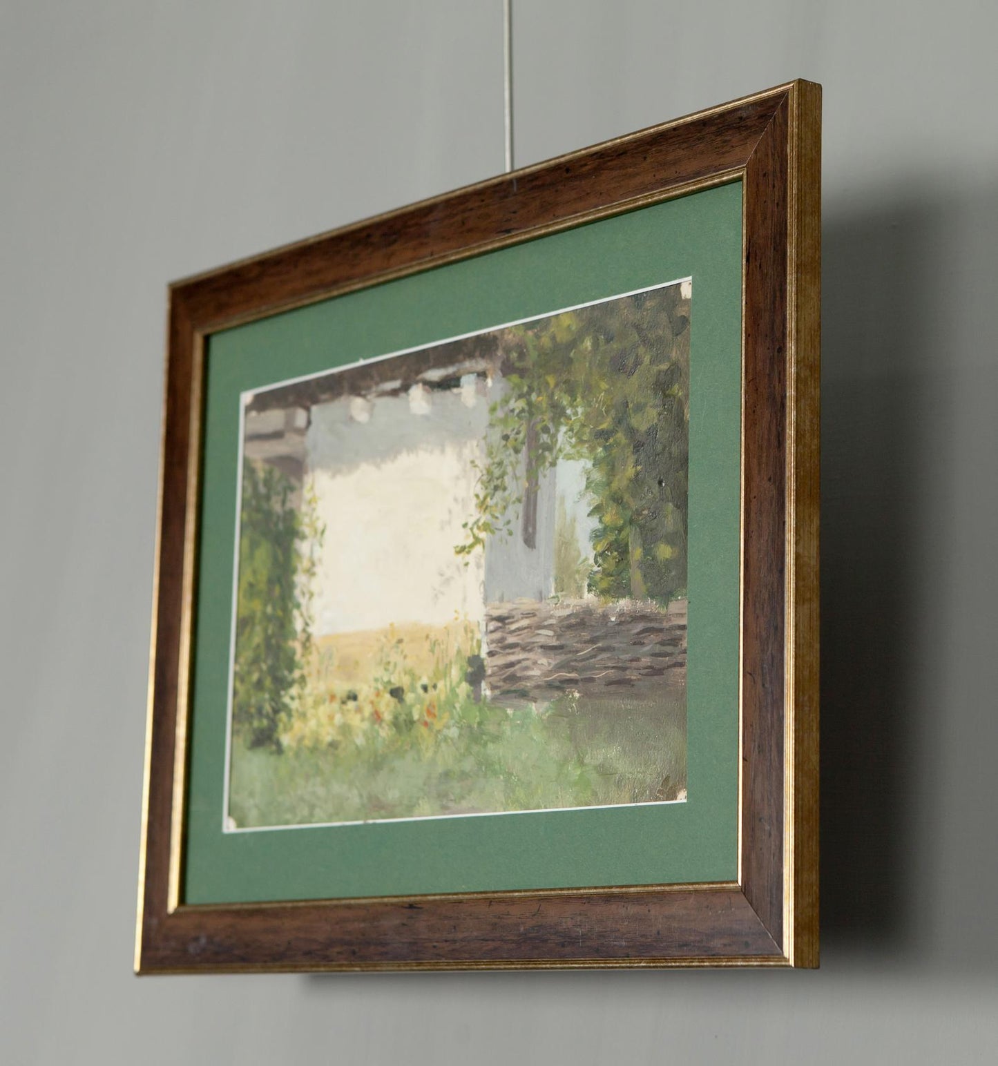 Framed watercolor of trees and stone walls by Ukrainian artist Ivan Tsyupka