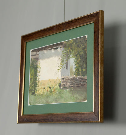 Framed watercolor of trees and stone walls by Ukrainian artist Ivan Tsyupka