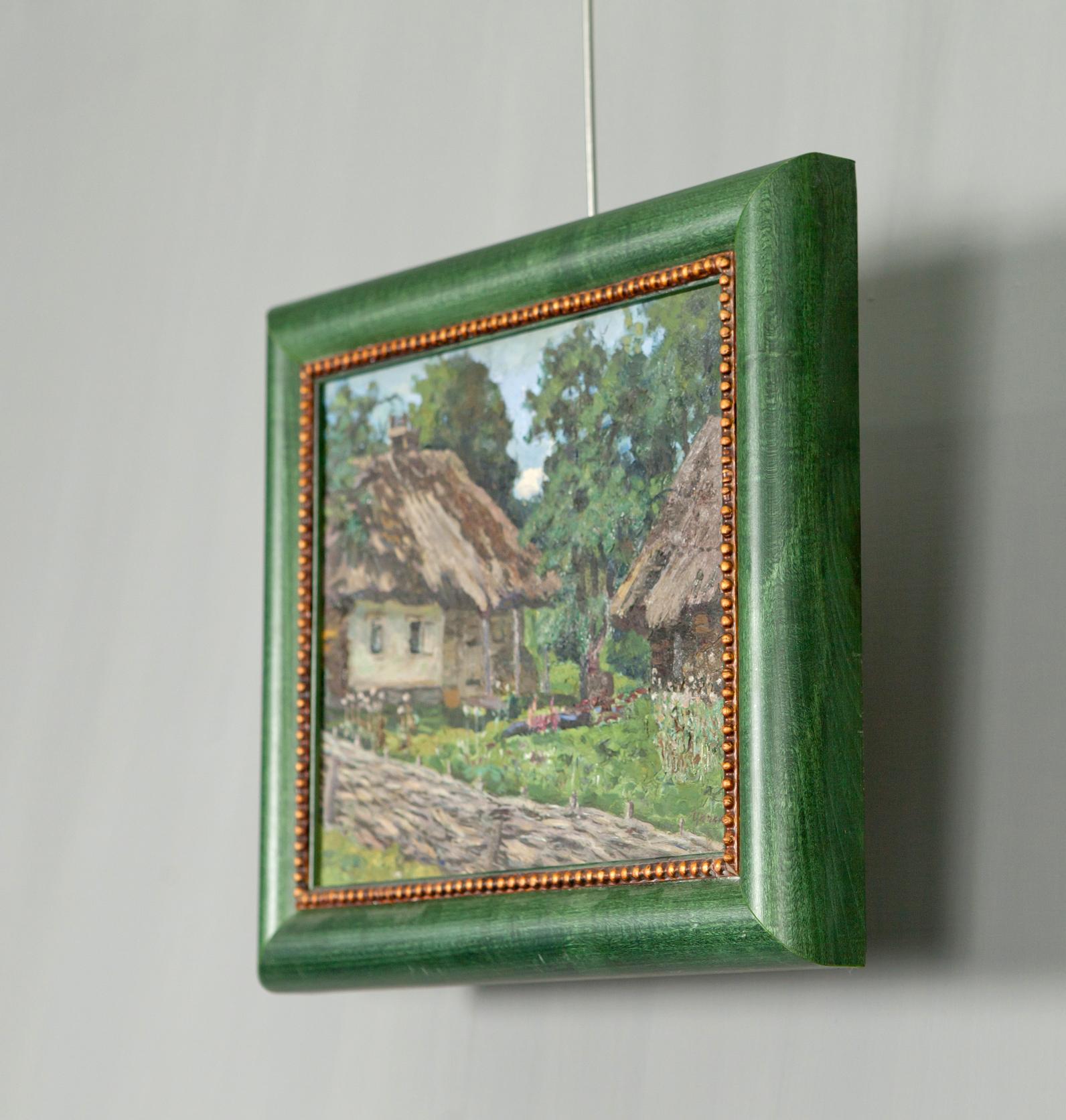 Original green wooden-framed painting by Soviet artist Zyupka I of rustic village scene