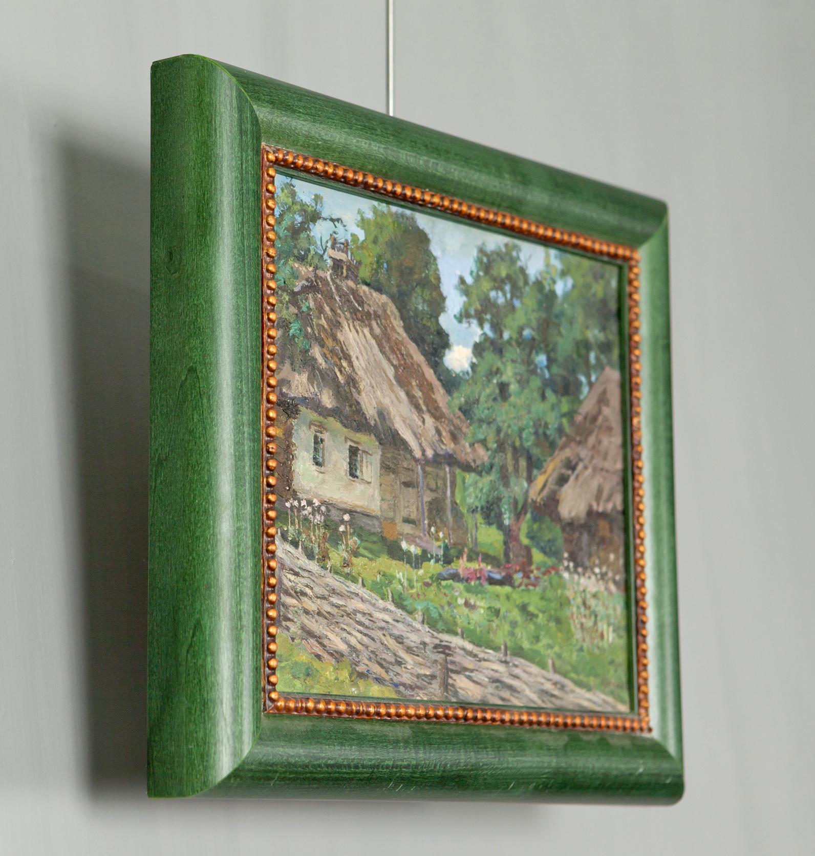 Original Soviet artist Zyupka I painting of green-framed rustic thatched cottage