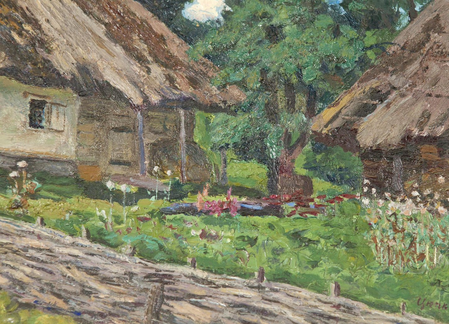 Original Soviet artist Zyupka I oil painting of rustic thatched cottages in greenery