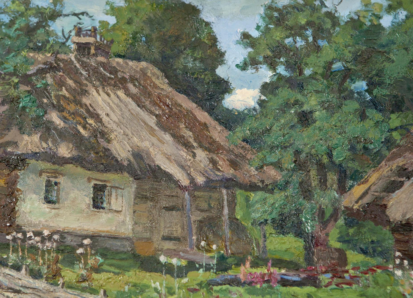 Original painting by Soviet artist Zyupka I: rustic thatched cottage in lush trees