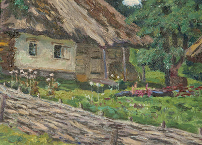 Original painting by Soviet artist Zyupka I: rustic thatched cottage in greenery