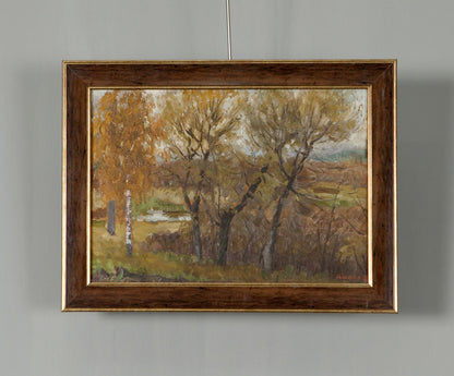 Autumn painting by Soviet artist Ivan Tsyupka in dark wood frame
