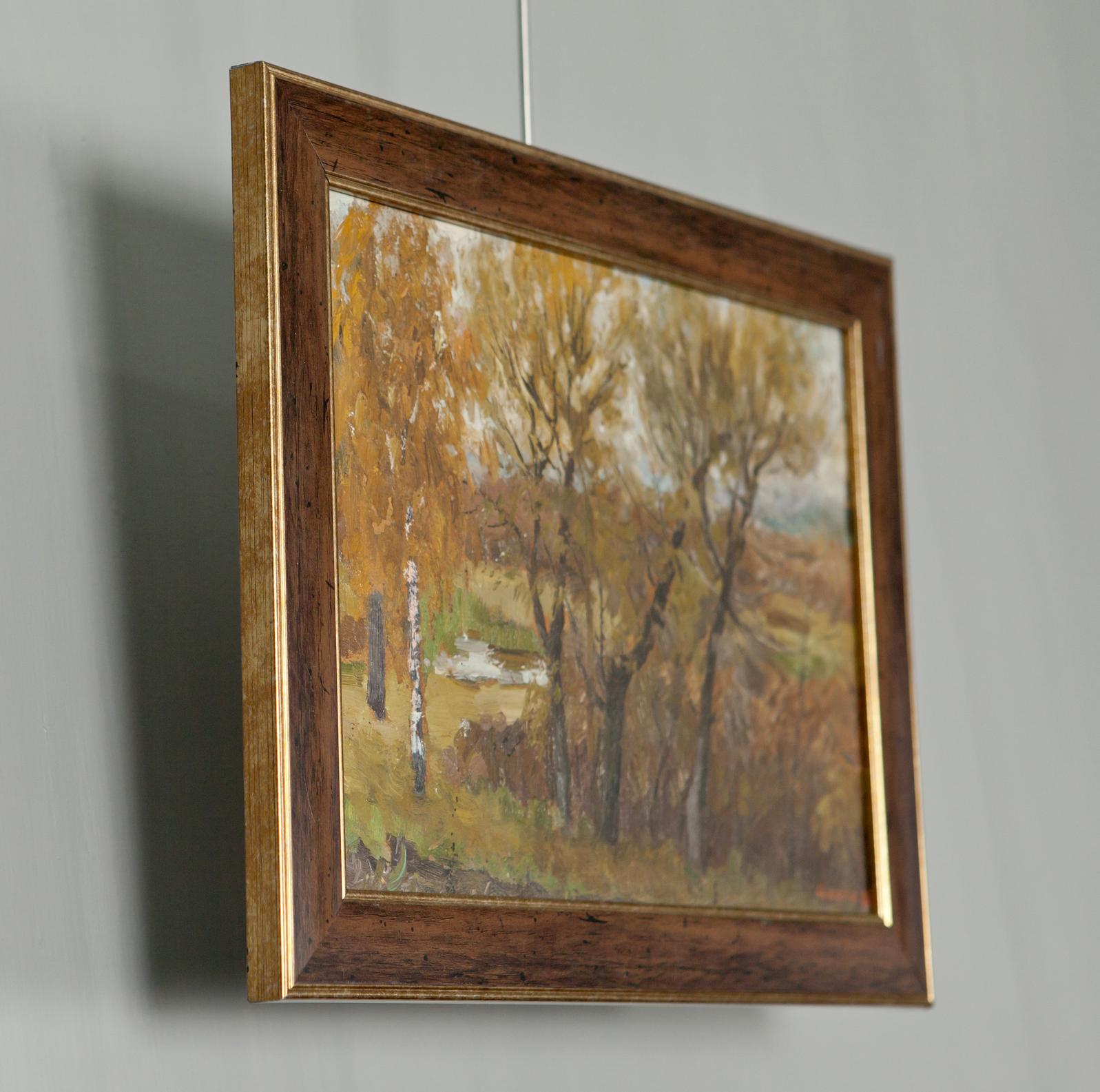 Framed autumn landscape oil painting by Ivan Tsyupka in gold-trimmed wood frame