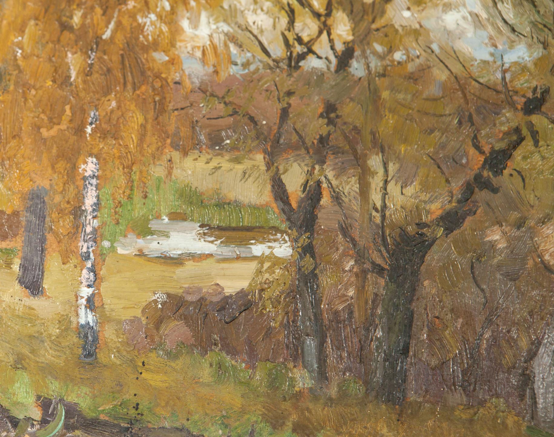 Autumn painting by Ivan Tsyupka: textured oil forest with golden leaves, pond