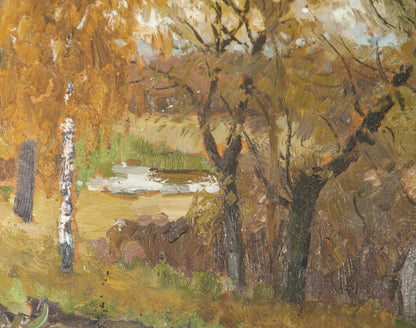 Autumn painting by Ivan Tsyupka: textured oil forest with golden leaves, pond