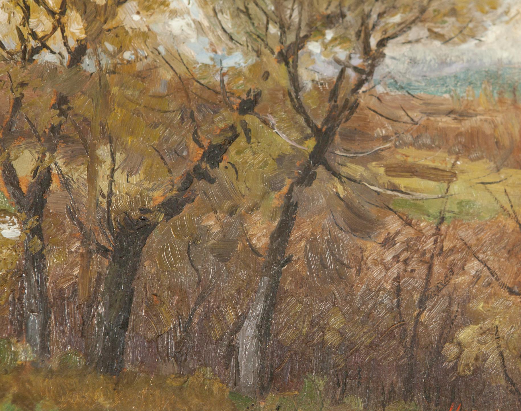 Autumn painting by Ivan Tsyupka: golden-yellow foliage on slender dark trees