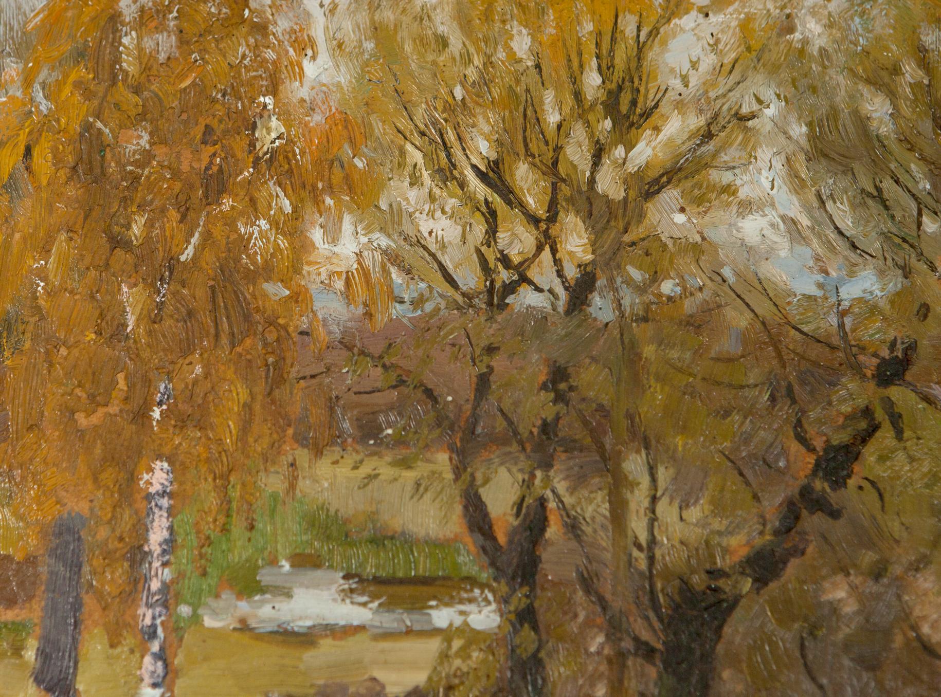 Autumn impressionist painting by Ivan Tsyupka with golden brown trees