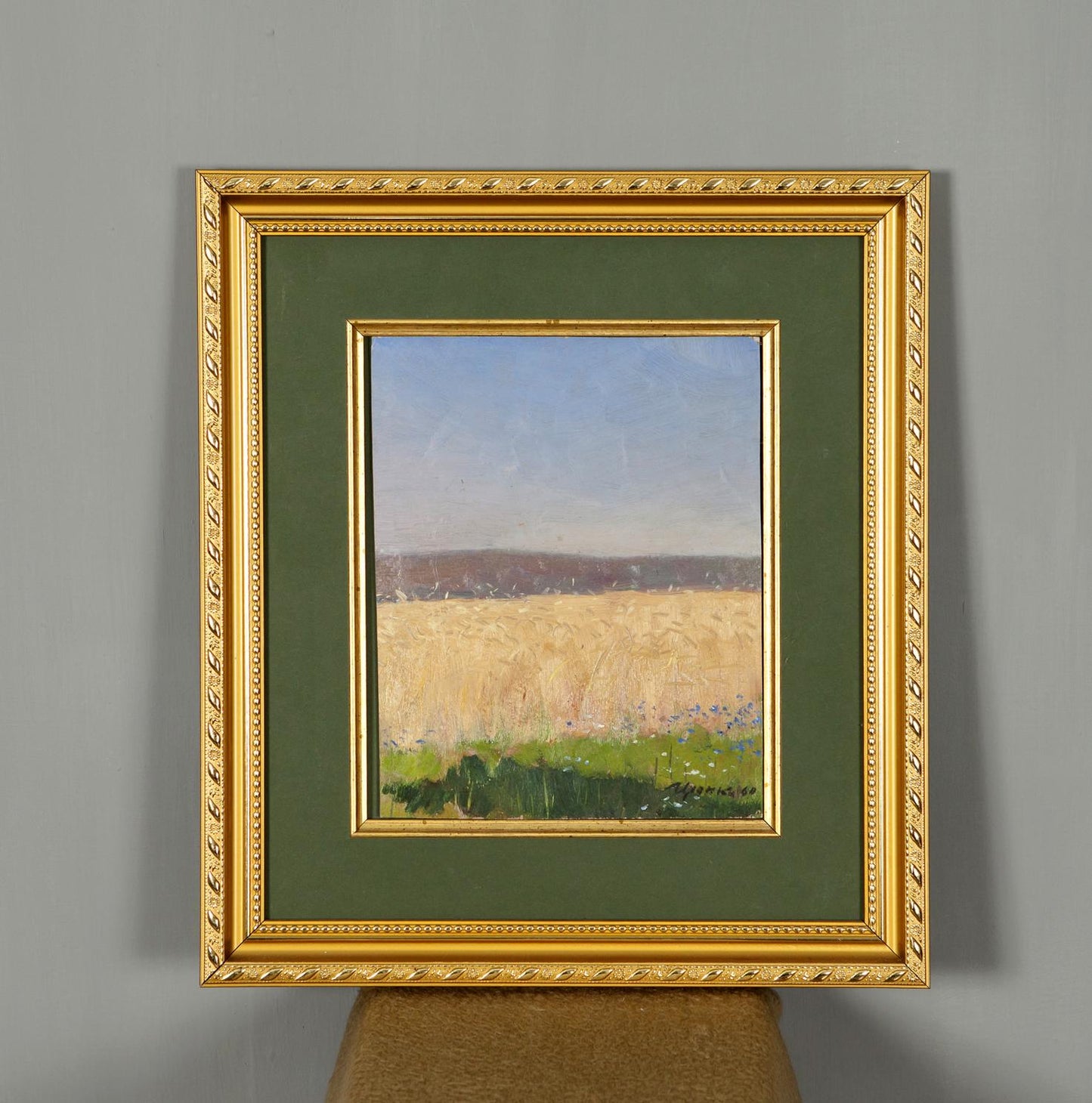 Square gold-framed oil painting of golden field by Ivan Kirillovich Tsyupka