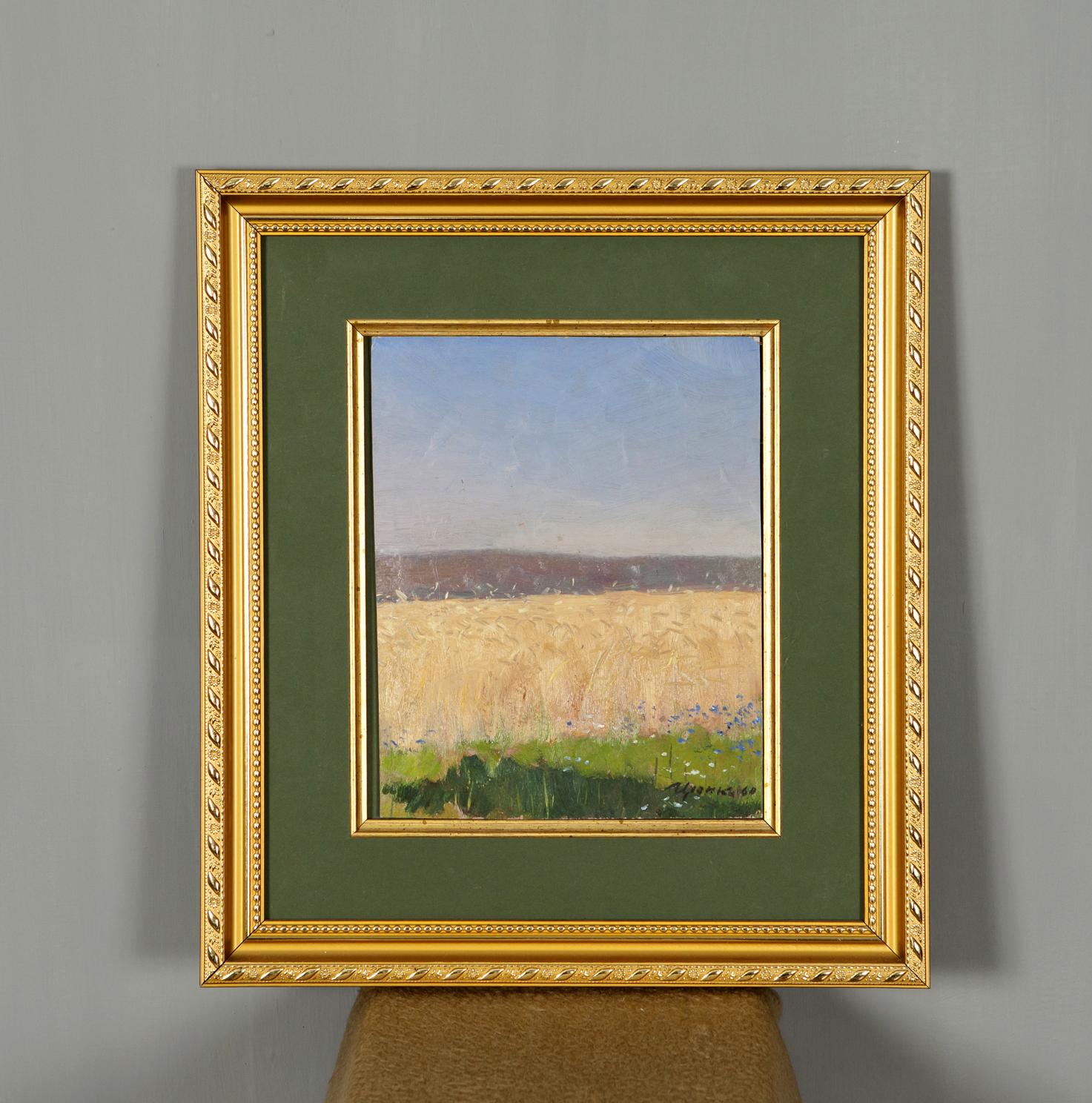 Square gold-framed oil painting of golden field by Ivan Kirillovich Tsyupka