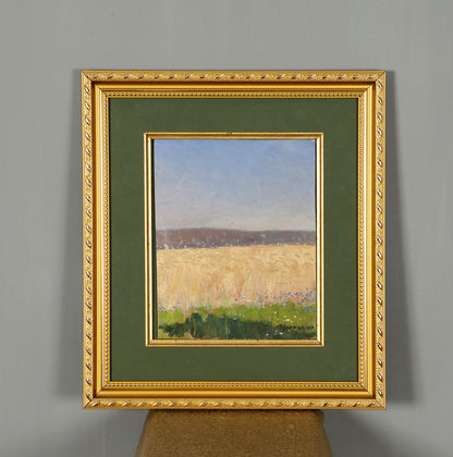 Square gold-framed oil painting of golden field by Ivan Kirillovich Tsyupka