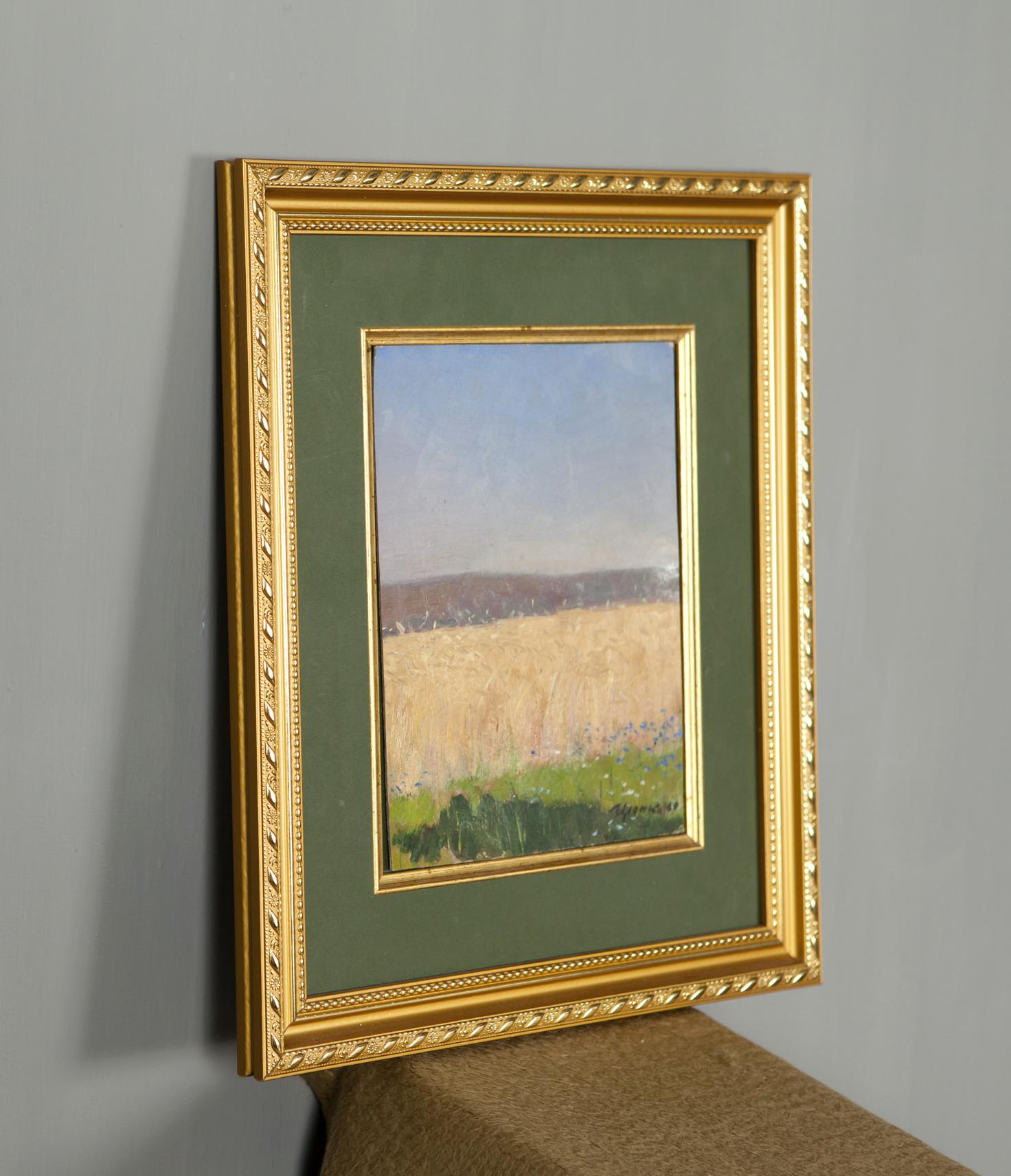 Golden ornate frame with green mat holding Tsyupka landscape oil painting