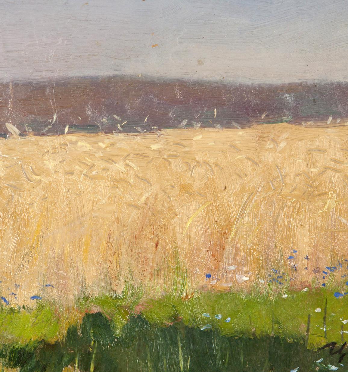 Oil painting by Ivan Kirillovich Tsyupka: golden wheat field with blue wildflowers