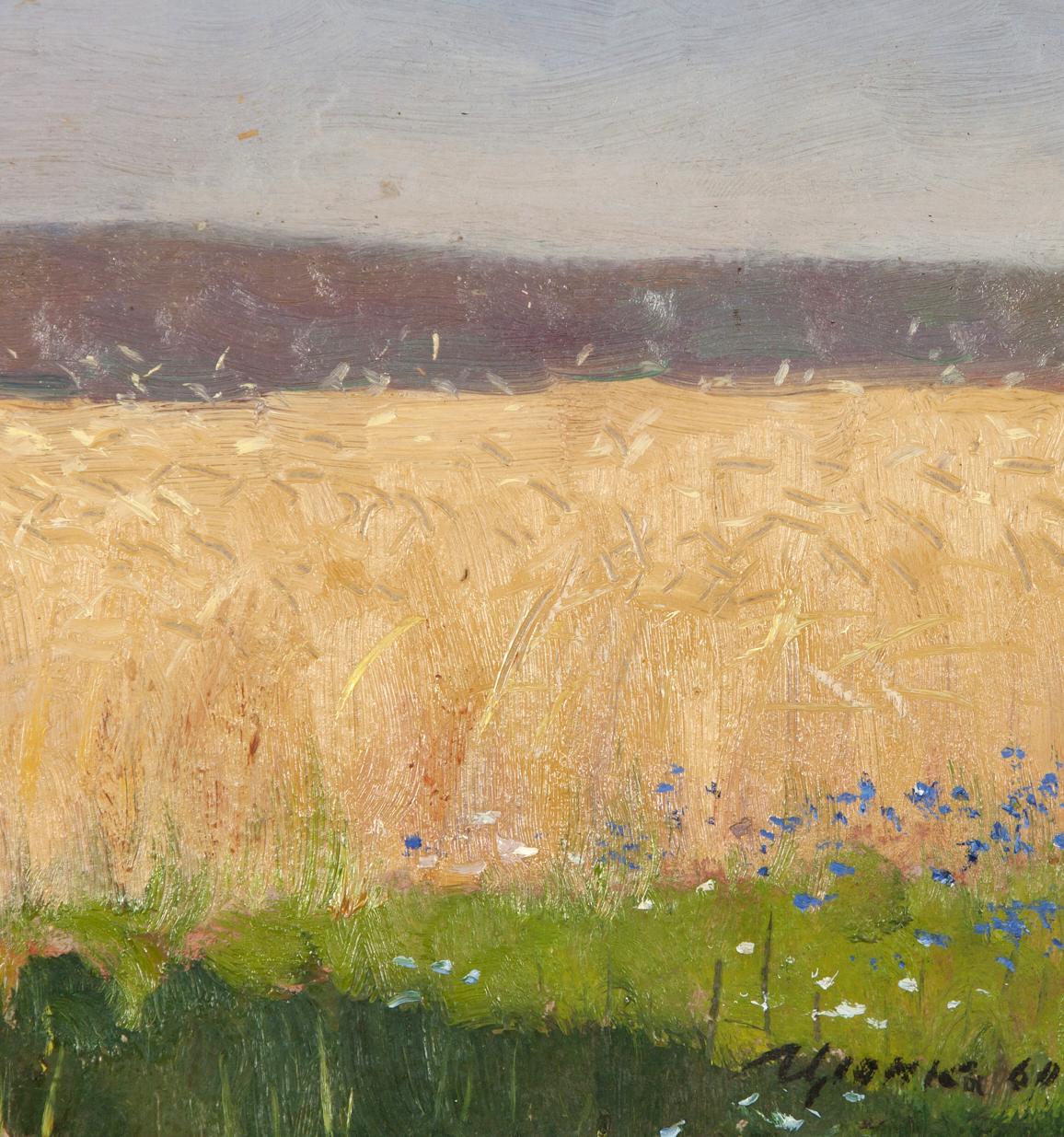 Oil painting of golden wheat field with blue wildflowers by Ivan Kirillovich Tsyupka