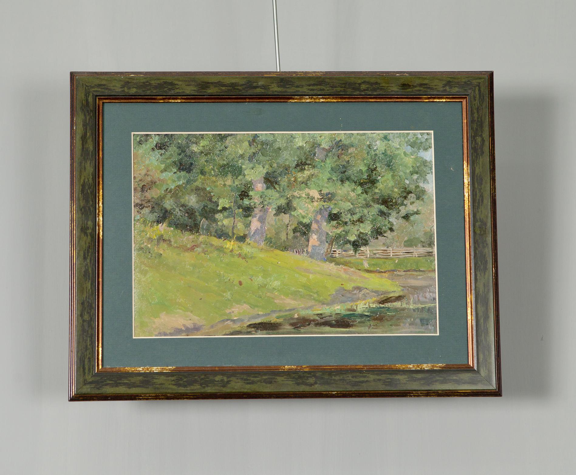 Oil painting Oaks by the Pond in distressed green gold frame