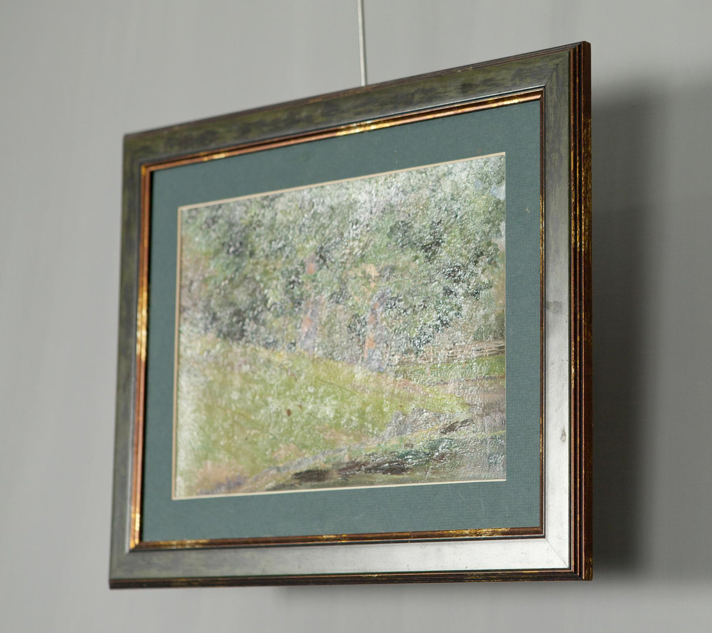 Oil painting Oaks by the Pond in impressionist landscape style with gold frame