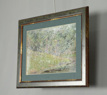 Oil painting Oaks by the Pond in impressionist landscape style with gold frame