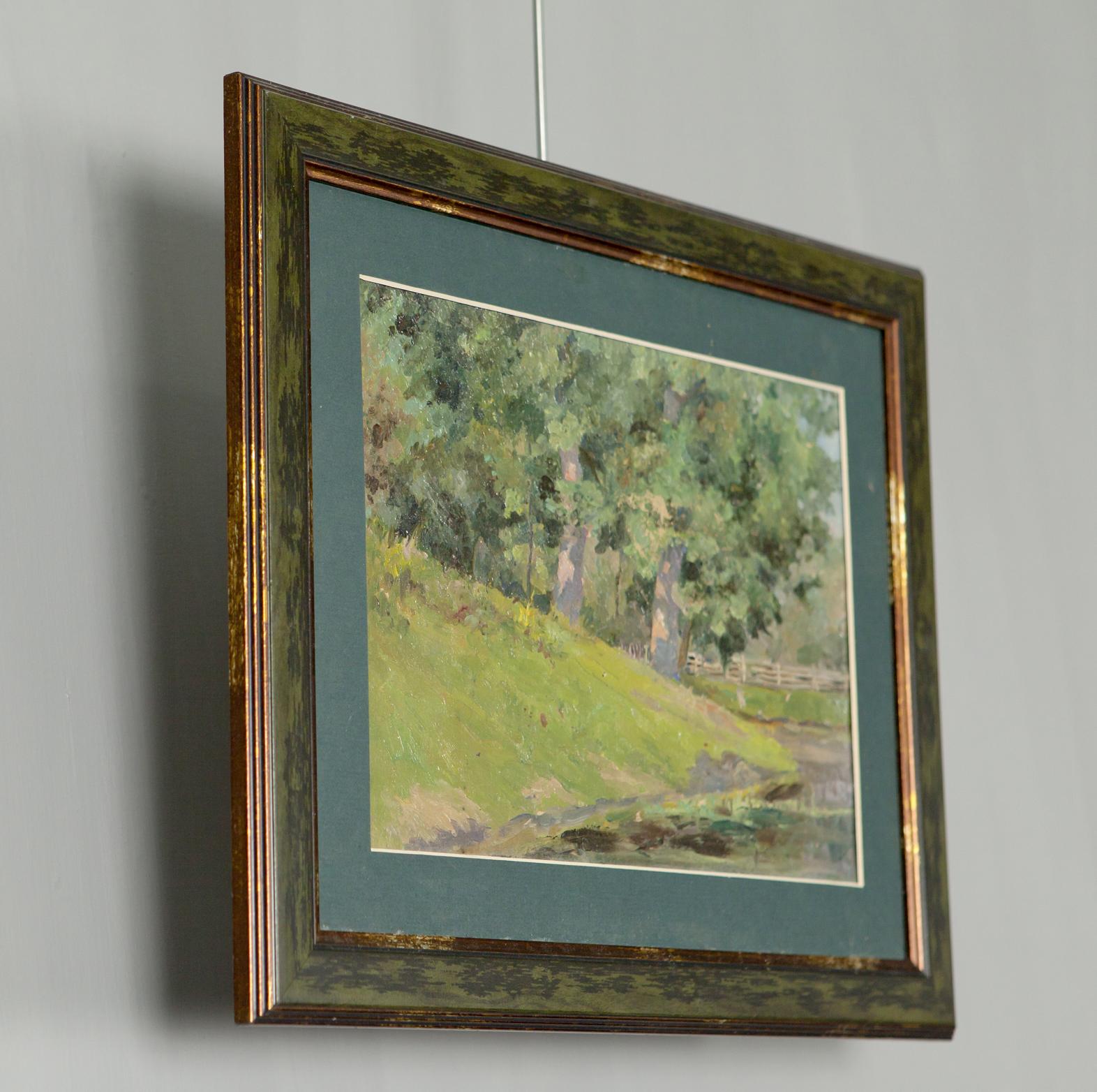 Oil painting Oaks by the Pond in distressed gold frame